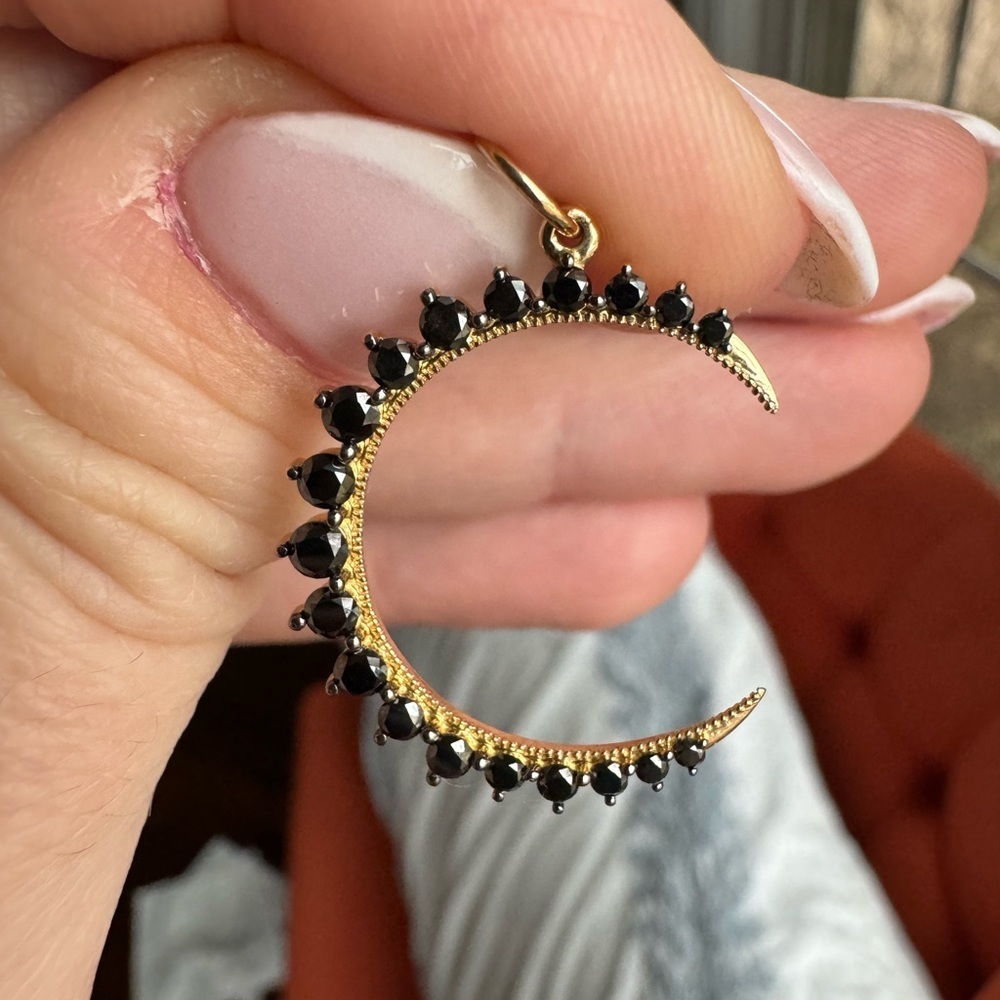 14k Gold and Black Diamond Moon Pendant - Picture 4 of 10